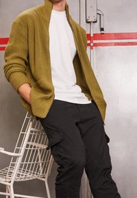 Olivengroene gebreide cardigan met een hoge kraag, ritssluiting aan de voorkant en geribbelde textuur, gecombineerd met een wit T-shirt met ronde hals en zwarte cargobroek.