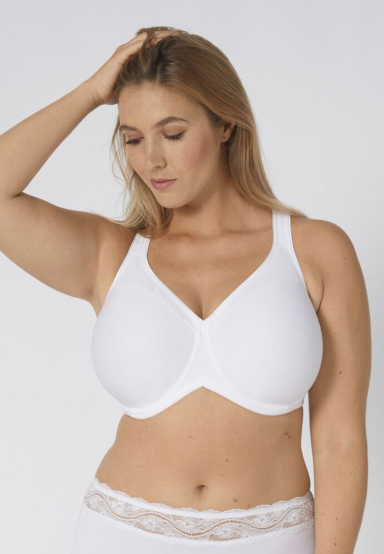 Scollo a V, reggiseno bianco con una texture liscia e spalline larghe. Cuciture rinforzate e dettagli in pizzo sulla fascia.