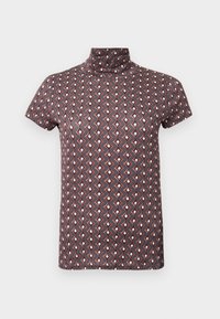 Īsroku augstas apkakles tops ar tumšu pamatu un atkārtotu ģeometrisku dimanta rakstu sarkanā, baltā un bēšā toņos.