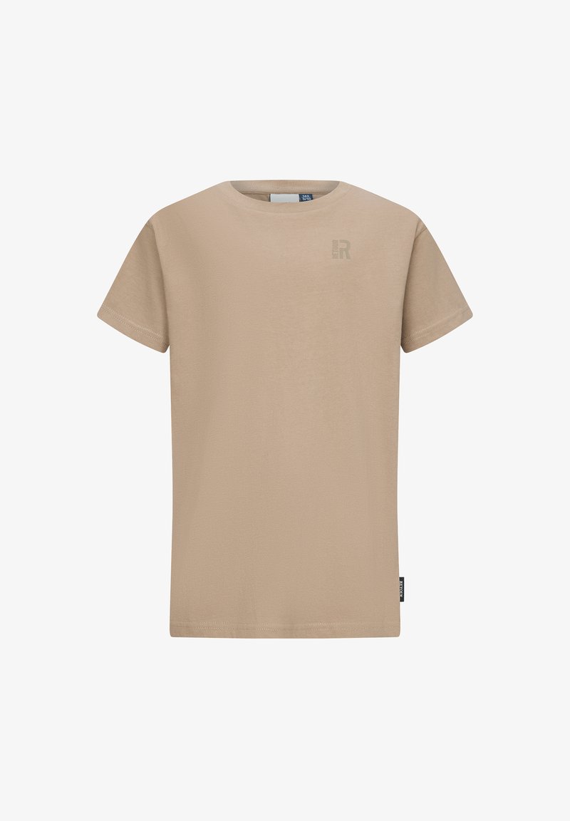 Beżowa koszulka z krótkim rękawem, wykonana z bawełny, z okrągłym dekoltem i subtelnym logo na piersi. Gładka faktura, casualowy styl.