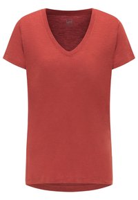 T-shirt pour femme à manches courtes, couleur rouille, avec un col en V et un subtil logo "Lee" brodé sur la poitrine gauche.
