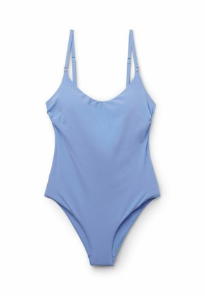Hellblauer Einteiler-Badeanzug mit verstellbaren Schulterriemen und rundem Ausschnitt, präsentiert auf weißem Hintergrund.
