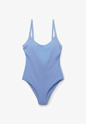 Hellblauer Einteiler-Badeanzug mit verstellbaren Schulterriemen und rundem Ausschnitt, präsentiert auf weißem Hintergrund.