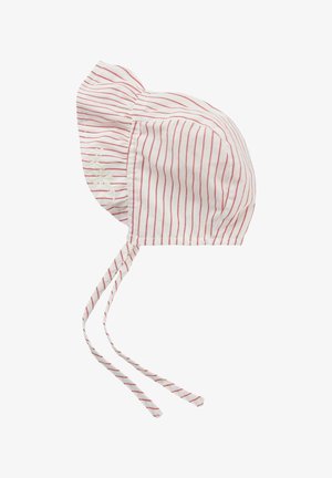 Cappello per bambini realizzato in tessuto bianco con strisce rosse. Presenta un bordo svasato, ricami floreali e due nastri legati per una vestibilità sicura.