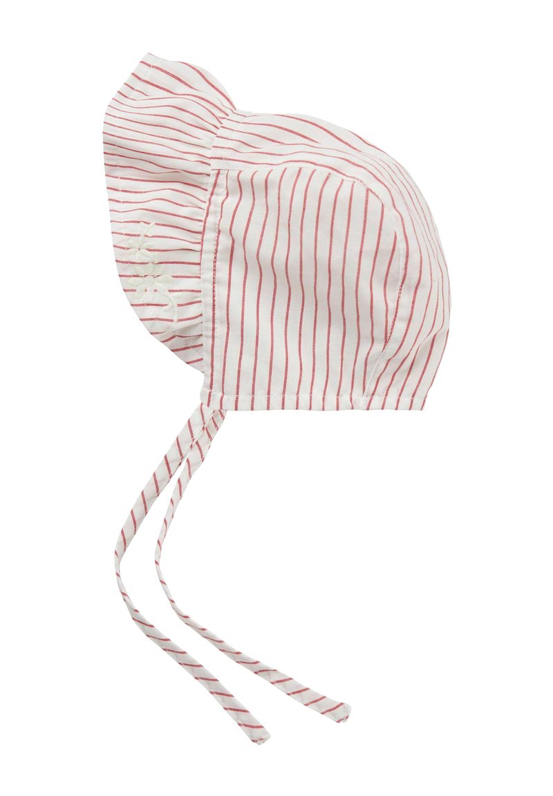 Cappello per bambini realizzato in tessuto bianco con strisce rosse. Presenta un bordo svasato, ricami floreali e due nastri legati per una vestibilità sicura.