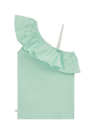 Miętowy top bez rękawów z jednym marszczonym rękawem typu „off-shoulder” z dziurkowanym zdobieniem oraz jedną cienką ramiączką, prążkowana faktura tkaniny.