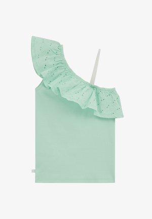 Haut sans manches vert menthe avec une manche à œillets volantée décolletée sur une épaule et une fine bretelle, tissu en maille côtelée.