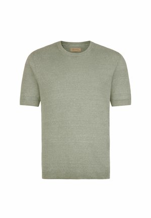 Krótki rękaw, jasnoszaro-zielony sweter z dzianiny z okrągłym dekoltem oraz ściągaczami na rękawach i u dołu, przedstawiony na białym tle.