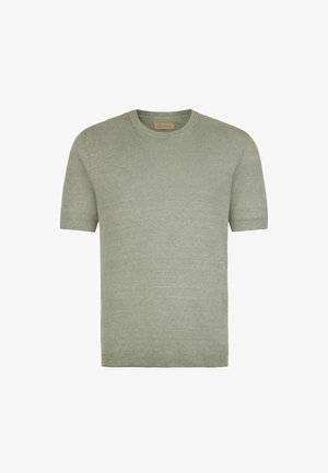 Maglione a maniche corte in maglia grigio-verde chiaro con scollo rotondo e polsini e orlo a coste, mostrato su sfondo bianco.
