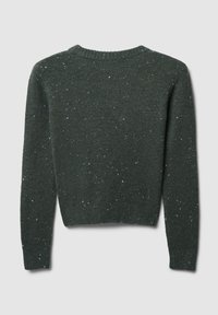 Dunkelgrüner Strickpullover mit rundem Ausschnitt, der ein gesprenkeltes Muster in helleren Farben aufweist. Langes Ärmeldesign und eine taillenlange Passform.
