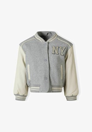 Šedá vlnená bomber bunda s krémovými koženými rukávmi, pruhovanými manžetami, zapínaním na patentky a aplikáciou "NY" na hrudi.