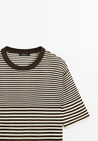 Short-sleeve brown and white horizontal striped shirt with a round neck and a "Massimo Dutti" label at the collar.