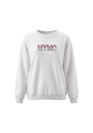 Hvid langærmet sweatshirt med ribbet manchet og halsudskæring, med "MYMO" logo i pink og beige teksturerede bogstaver på brystet.