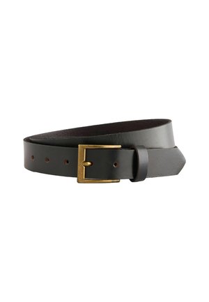 Black leather belt with a smooth texture, featuring a gold-tone metal buckle and several holes for adjustment. Tapered end design.