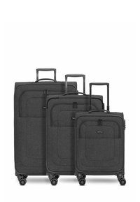 Drie-delige bagageset in donkergrijs stof met ritszakken, telescopische handvatten en multidirectionele wielen voor mobiliteit.