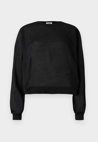 Svart gjennomsiktig genser med lange ermer, ribbestrikkede mansjetter og bred kant, rund hals og subtilt glitrende stoffdetalj.