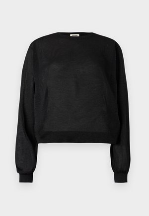 Maglione nero trasparente a maniche lunghe con polsini a costine e orlo largo, scollo tondo e dettaglio in tessuto leggermente scintillante.