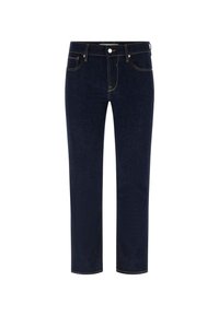 Jeans in denim blu scuro con cuciture gialle, design a gamba dritta, stile a cinque tasche e chiusura anteriore con bottone. Nessun abbellimento visibile.