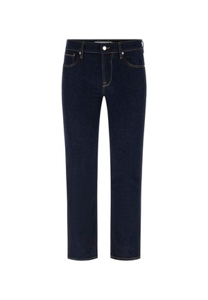 Mörkblå denimjeans med gula sömmar, rak bendesign, femficksstil och knappstängning fram. Inga synliga dekorationer.