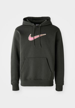 Sötét szürke kapucnis pulóver pamut keverékből, nagy rózsaszín és barna Nike logóval a mellrészen, elülső zsebbel és húzózsinóros kapucnival.