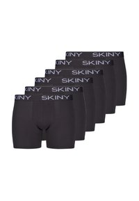 Boxer in cotone nero, confezione da cinque, con vita elastica che presenta il logo "SKINY" in bianco. Tessuto liscio, design aderente, lunghezza a metà coscia.