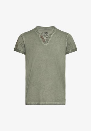 Olive green short-sleeve T-shirt with a V-neck and three brown button accents. Soft, textured fabric with a slightly worn appearance.