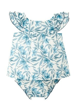 Grenouillère blanche pour bébé avec imprimé floral bleu, manches volantes, et bloomer assorti avec des bords délicatement volantés.