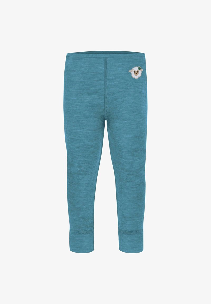 Türkise Leggings aus weichem Stoff, mit tailliertem Schnitt und besticktem Schafmotiv in der Nähe der Taille. Glatte Textur mit Knöchellasten.