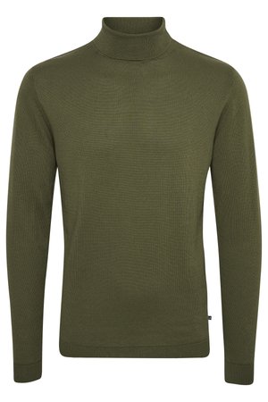 Olivno zelena pulover z visokim ovratnikom, izdelana iz rebraste pletene tkanine, z dolgimi rokavi in oprijetim krojem s gladko teksturo.