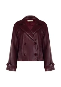 Donker bordeauxrode dubbellaagse neplederen jas met brede revers, knoopmanchetten en een iets verkorte lengte.