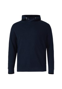 Marineblauwe pullover hoodie met geribbelde textuur, capuchon met trekkoord en zilverkleurige details, lange mouwen en een losse pasvorm met een geribde onderkant.
