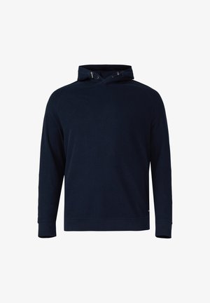 Granatowa bluza z kapturem typu pulower, o prążkowanej fakturze, z kapturem na sznurek ze srebrnymi elementami, długimi rękawami oraz luźnym krojem zakończonym ściągaczem na dole.