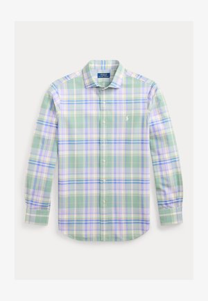 Pikaveeliste nuppudega särk rohevalge, sinise ja valge ruudulise mustriga ning väikese valge Polo Ralph Laureni logoga rinnal.