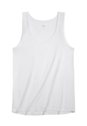White cotton tank top with a round neck and wide shoulder straps. Smooth texture and straight hem. Brand name "FINN" printed inside the neckline.