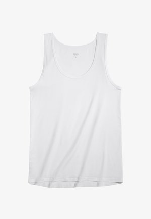 Weißes Baumwoll-Tanktop mit rundem Ausschnitt und breiten Schulterträgern. Glatte Textur und gerader Saum. Der Markenname "FINN" ist innen am Ausschnitt aufgedruckt.