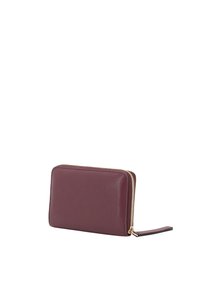 Burgundy leather wallet with a textured finish, zip closure, and a wrist strap. Rectangular shape with gold hardware accents.
