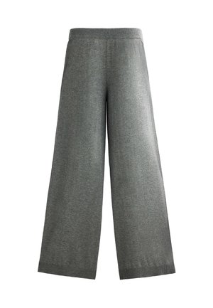 Grijze wijde broek gemaakt van zachte stof, met een elastische tailleband en een gestructureerd oppervlak met een subtiel heatherpatroon.