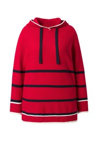 Czerwona bluza z kapturem z poziomymi granatowymi paskami, posiada ciemnoniebieskie sznurki, prążkowaną fakturę oraz białe akcenty na mankietach i lamówce.