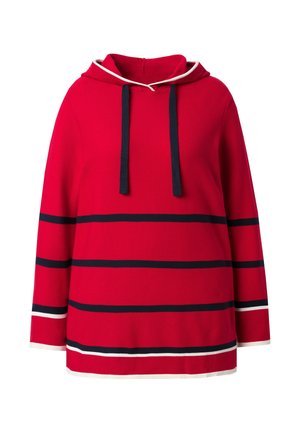 Rode hoodie met horizontale marineblauwe strepen, voorzien van donkerblauwe trekkoorden, geribbelde textuur en witte accenten op de boorden en zoom.