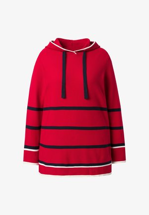 Rode hoodie met horizontale marineblauwe strepen, voorzien van donkerblauwe trekkoorden, geribbelde textuur en witte accenten op de boorden en zoom.