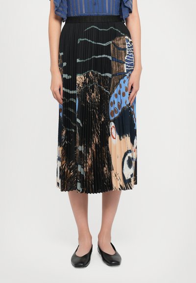 Pleated skirt with a black base, featuring a colorful abstract print of blue, brown, and red. Fabric appears lightweight and textured.