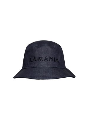 Czarna kapelusz z szerokim rondem i wyszywanym napisem „LA MANIA” na środku przedniej części.