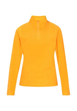 Oranž fliispulber, millel on kõrge krae ja pool-ristteed. Omab pikki varukaid ja ühtlast tekstuuri.