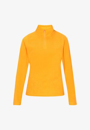 Narancssárga polár pulóver magas gallérral és fél cipzárral. Hosszú ujjaival és sima textúrájával rendelkezik.