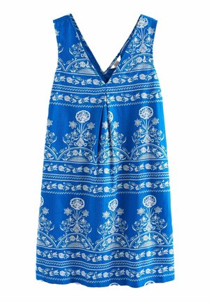 Blue sleeveless dress with white floral and geometric patterns, featuring a V-neck and pleat detail at the front.