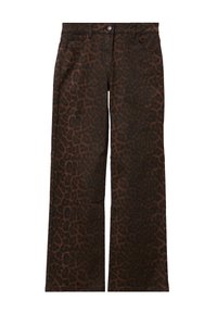 Weite Hosen aus braunem Denim mit einem Leopardenmuster. Fünf Taschen, Gürtelschlaufen und ein Frontknopfverschluss.