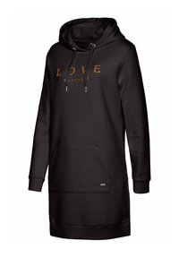 Schwarzes Kapuzen-Sweatdress mit dem Text "LOVE Yourself" in orange, ausgestattet mit einer Taschenfront sowie gerippten Bündchen und Saum. Weicher Stoff.