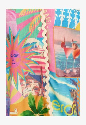 Chemise en coton colorée avec un graphique de soleil, des motifs tropicaux vibrants, un bord festonné et des boutons sur le devant.