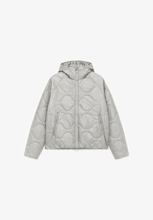 Quilted gray jacket with a hood, featuring two side zip pockets, textured waves, and a front zipper closure. Lightweight fabric.