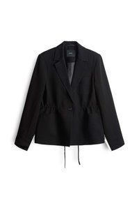 Zwarte blazer met een getailleerd design, voorzien van een elastische trekkoord in de taille, twee voorkeurszakken en een reverskraag.